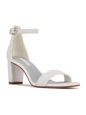 NINE West "Pruce" Silver Glitter Block Heel Ankle Strap Womens New Sandal